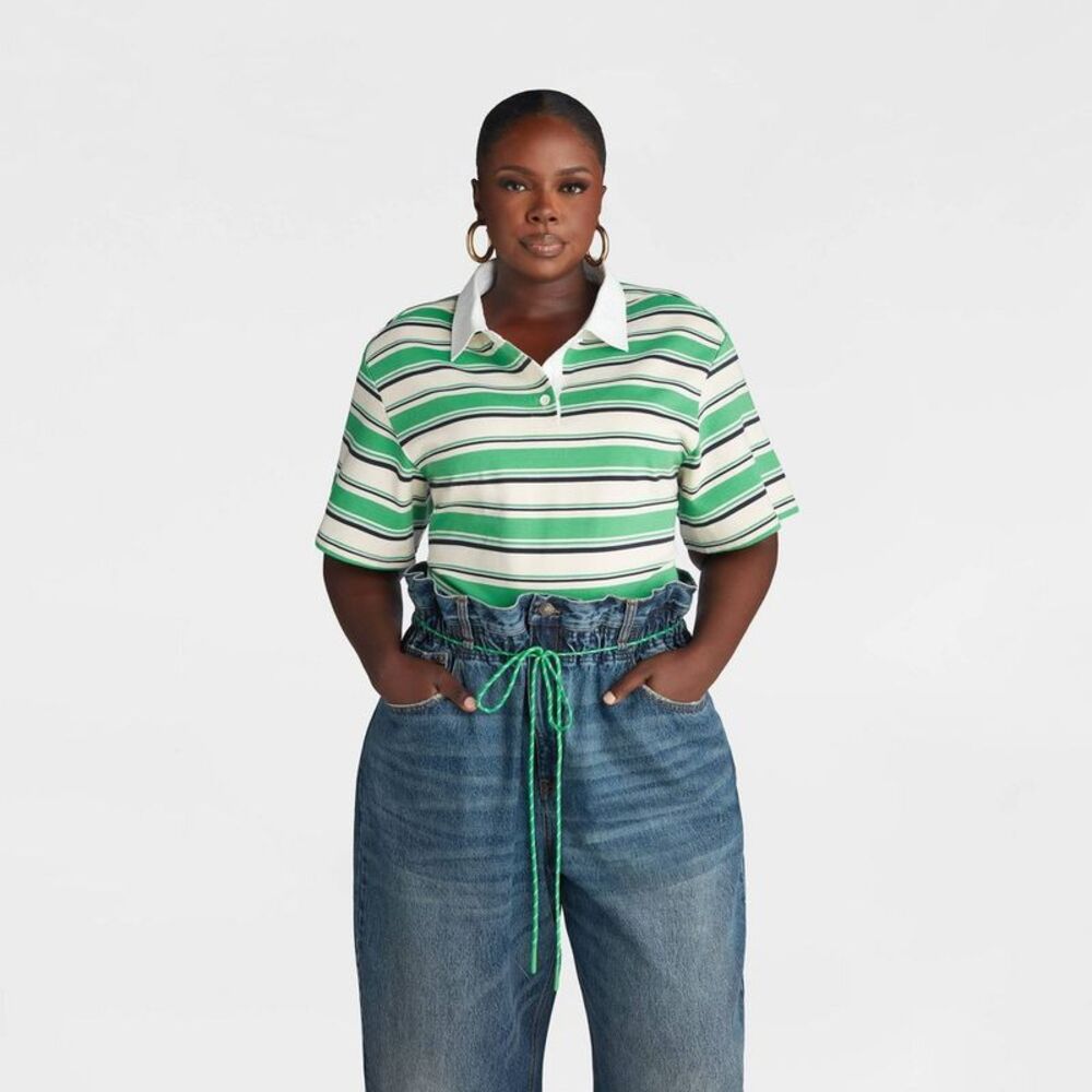 KBB by KAHLANA Women's Short Sleeve 'The Fitted Rugby Shirt' - Green Striped 2X